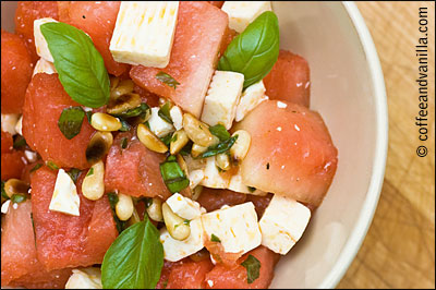 salad with watermelon salad cheese pine nuts basil
