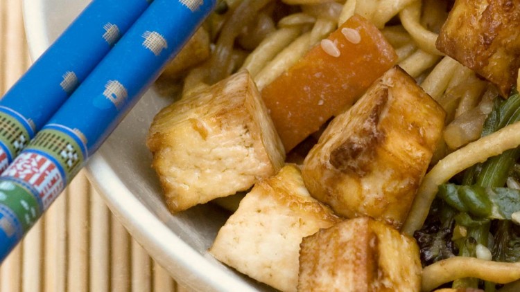 Egg Noodles with Purple Broccoli and Grilled Tofu