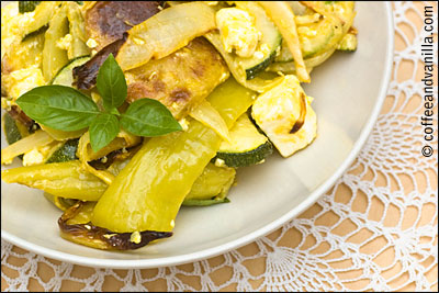 roasted vegetables with salad cheese basil courgette zucchini 