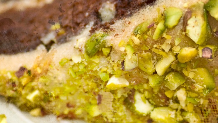Chocolate Peanut Butter Triple Layer Cake with Pistachios and Hint of Orange