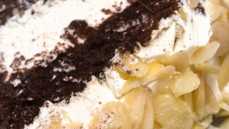 Chocolate and Coffee Triple Layer Cake with Almond Flakes