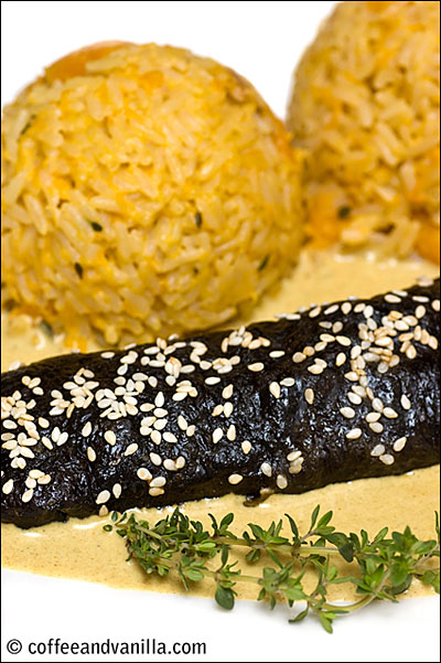 Caribbean pumpkin risotto with curry pouting wrapped in seaweed