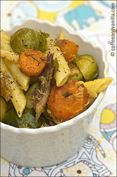 quick pasta salad with Brussel sprouts and mackerel