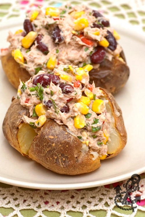 baked potatoes with tuna beans corn and hot sauce