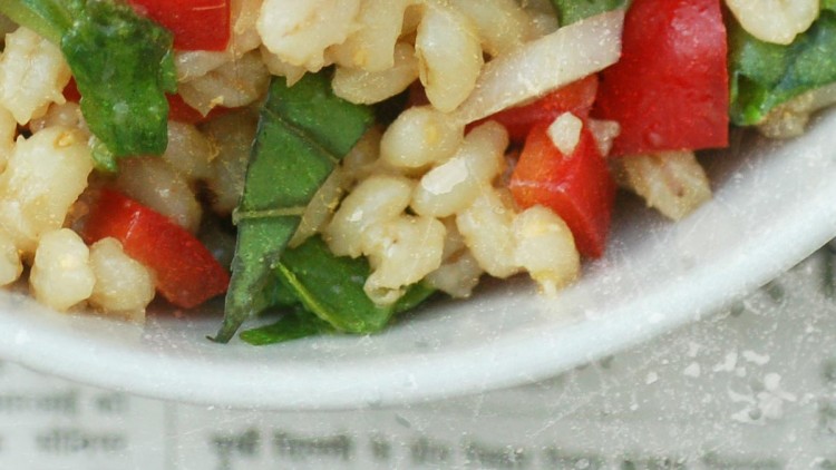 Pearl Barley Spinach Salad with Garlic and Chilli Flakes