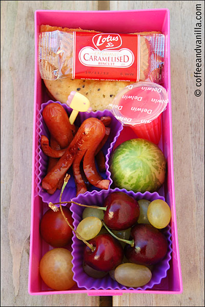 heirloom tomatoes watermelon tomatoes Lego lunch box sausage octopuses