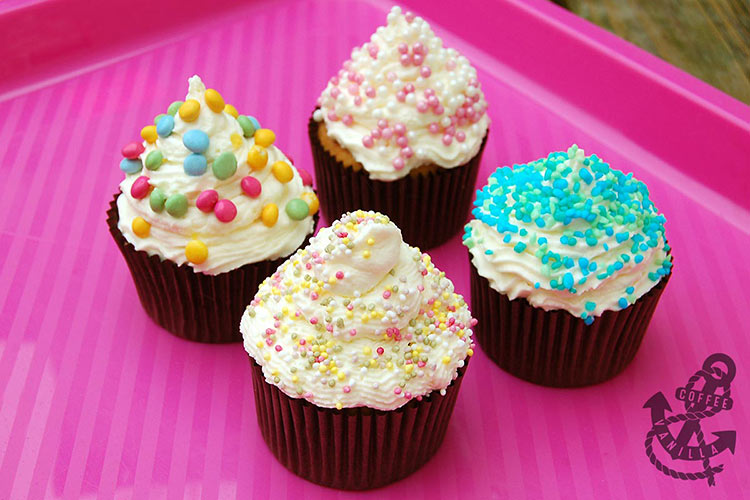 chocolate and vanilla cupcakes with whipped cream