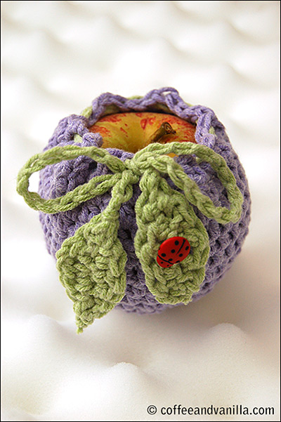 ladybug button on a crochet apple cosy