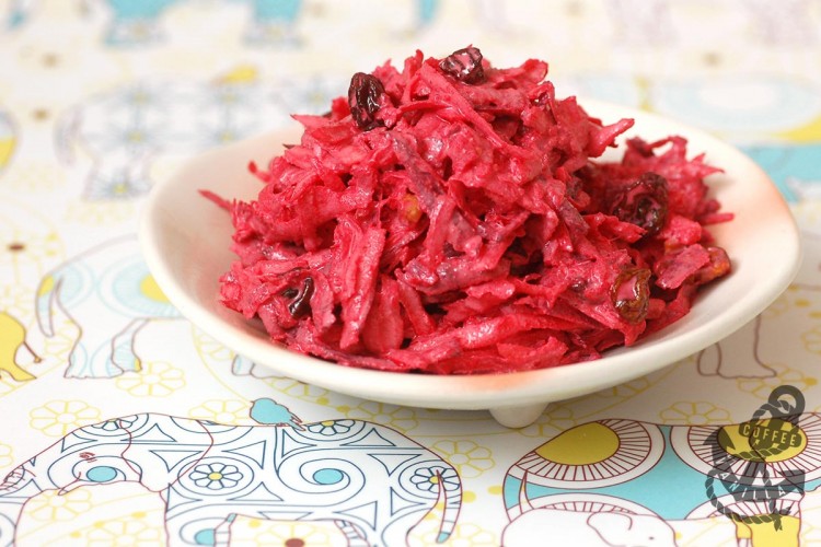 pink beetroot, celeriac salad with walnuts and raisins