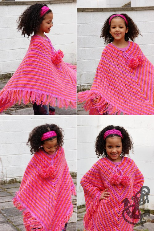 free pattern for classic crochet girl's poncho with pom-poms