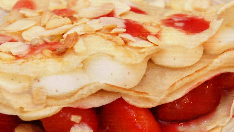 Spiced Sour Plum Crêpes with Vanilla Cream & Toasted Almonds