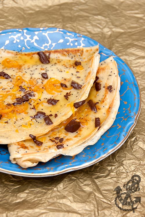 classic pancake dessert orange cognac chocolate flakes