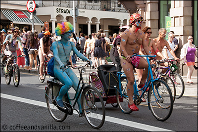 blue naked biker rainbow wig smurf