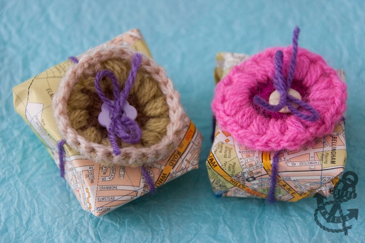 gift wrapping with crochet granny squares