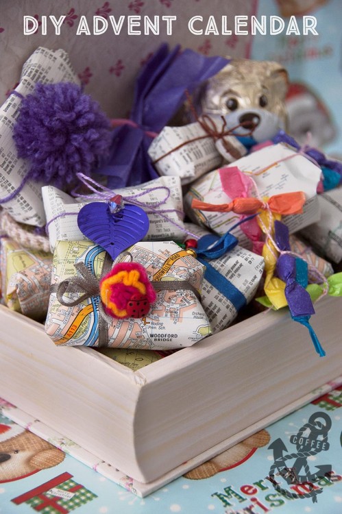 advent calendar ideas and gift wrapping with recycled books and maps 