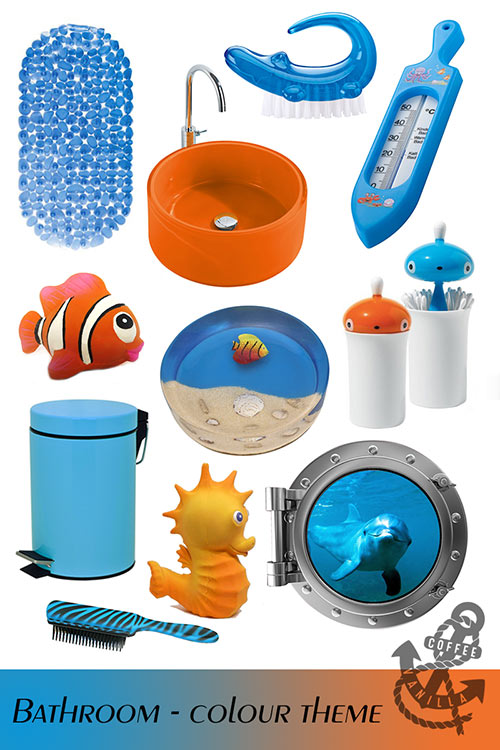 bathroom decor ideas colour theme palette in caribbean blue ocean blue and orange