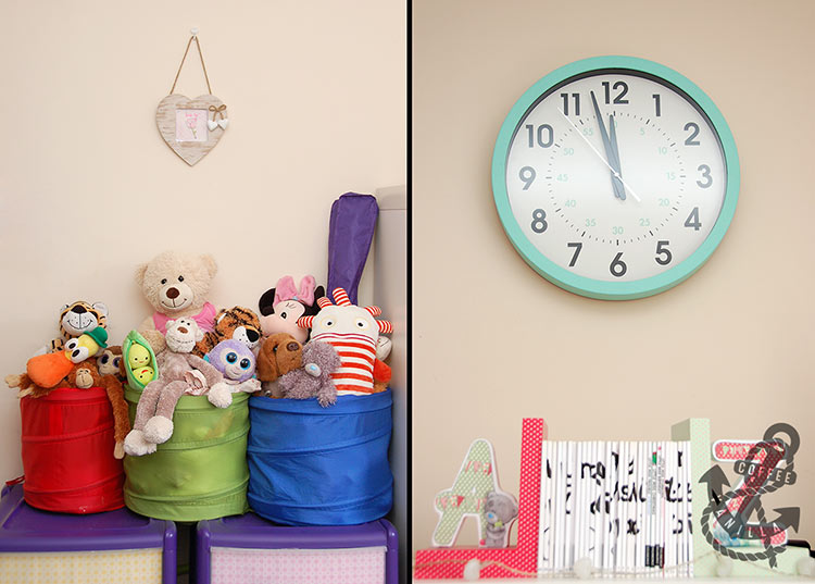 wall clock for kids room soft toy storage idea 