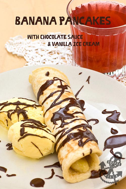 easy pancakes with fried bananas, delicious served with vanilla ice cream and chocolate sauce