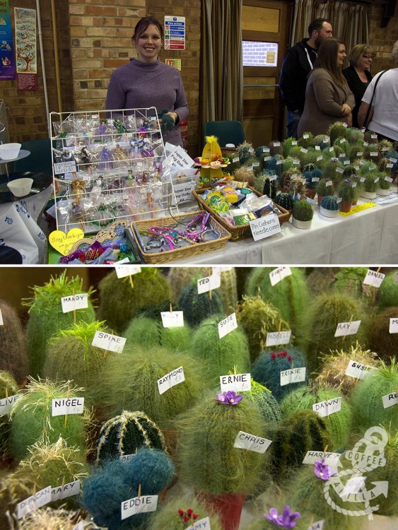 Retro Fabric Art with knitted cactuses brooches and jewellery 