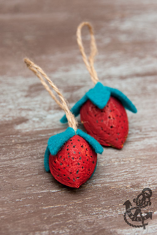 strawberry ornaments made with almonds and felt 