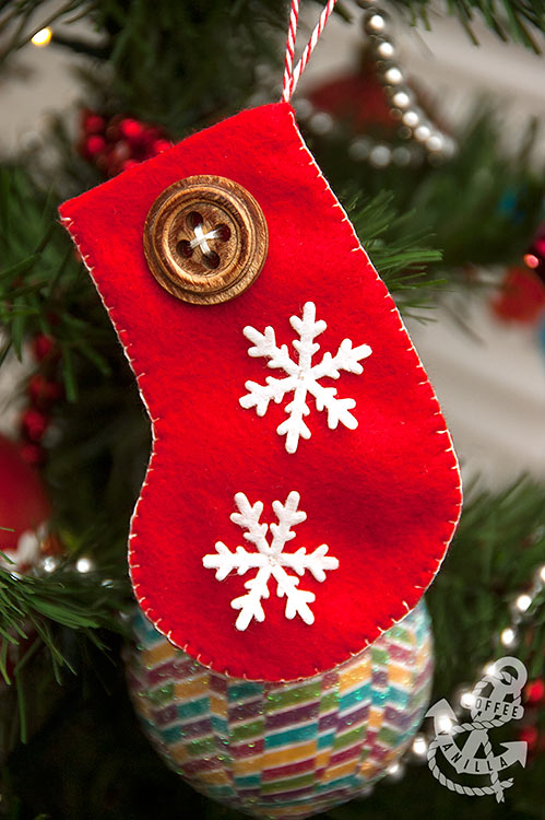 Xmas sock ornament with mega button and snowflakes