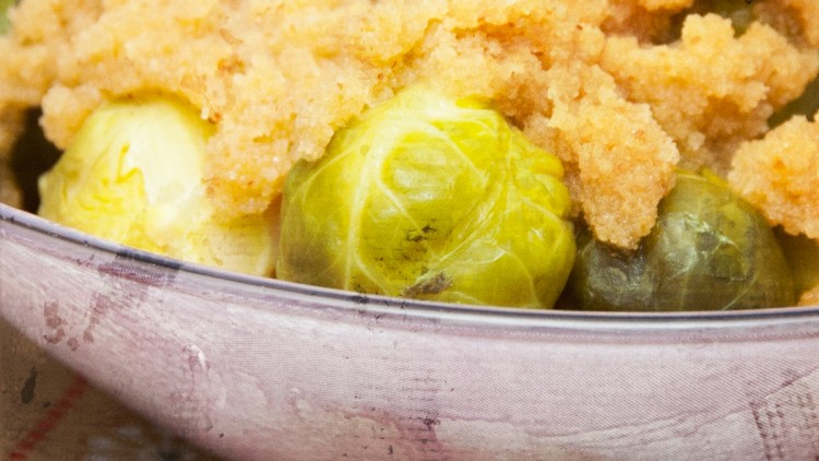 Polish Style Steamed Brussels Sprouts with Sweet & Salty Breadcrumbs