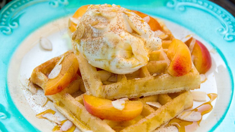 Ice Cream Topped Waffles with Caramel, Almonds, Plums & Cinnamon