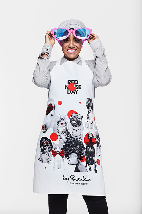 Nadiya Hussain wearing Rankin's Comic Relief apron